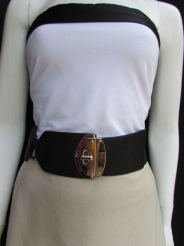 Black Faux Leather Gold Side Ring Wide Elastic Waist Hip Belt Buckle New Women Fashion S M - alwaystyle4you - 7