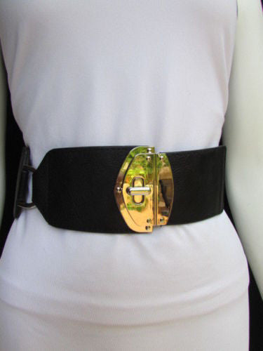 Black Faux Leather Gold Side Ring Wide Elastic Waist Hip Belt Buckle Women Fashion S M - alwaystyle4you - 1