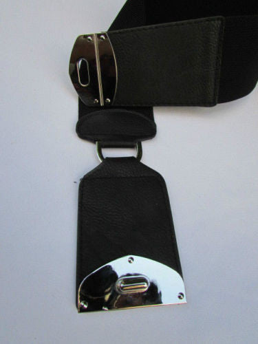 Black Faux Leather Gold Side Ring Wide Elastic Waist Hip Belt Buckle New Women Fashion S M - alwaystyle4you - 8