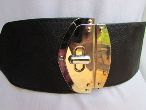 Black Faux Leather Gold Side Ring Wide Elastic Waist Hip Belt Buckle New Women Fashion S M - alwaystyle4you - 9