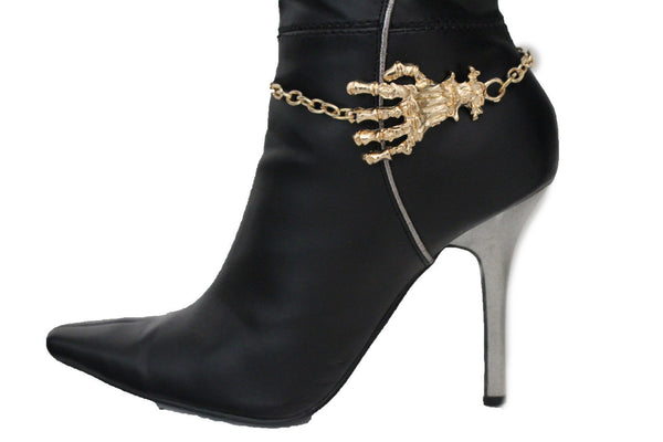 New Women Western Halloween  Boot Bracelet Gold Chains Bling Anklet Shoe Charm Skull Bones Hand