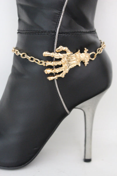 New Women Western Halloween  Boot Bracelet Gold Chains Bling Anklet Shoe Charm Skull Bones Hand