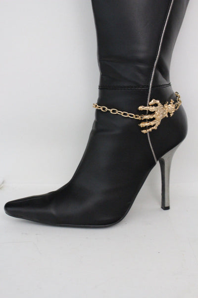 New Women Western Halloween  Boot Bracelet Gold Chains Bling Anklet Shoe Charm Skull Bones Hand