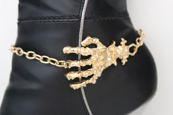 New Women Western Halloween  Boot Bracelet Gold Chains Bling Anklet Shoe Charm Skull Bones Hand