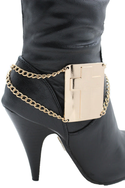 Gold Metal Boot Chain Links Bracelet Big Cross Plate Anklet Shoe Charm New Women Fashion Accessories