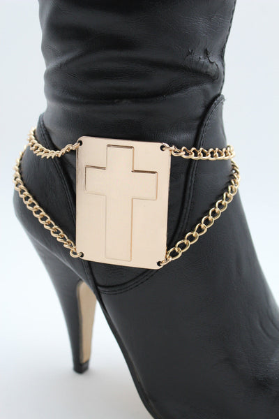 Gold Metal Boot Chain Links Bracelet Big Cross Plate Anklet Shoe Charm New Women Fashion Accessories