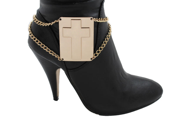 Gold Metal Boot Chain Links Bracelet Big Cross Plate Anklet Shoe Charm New Women Fashion Accessories