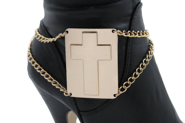 Gold Metal Boot Chain Links Bracelet Big Cross Plate Anklet Shoe Charm New Women Fashion Accessories