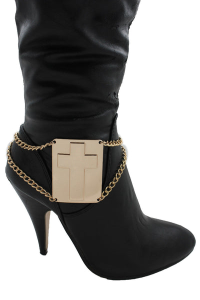 Gold Metal Boot Chain Links Bracelet Big Cross Plate Anklet Shoe Charm New Women Fashion Accessories