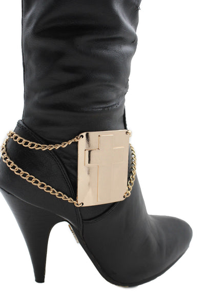 Gold Metal Boot Chain Links Bracelet Big Cross Plate Anklet Shoe Charm New Women Fashion Accessories