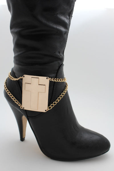 Gold Metal Boot Chain Links Bracelet Big Cross Plate Anklet Shoe Charm New Women Fashion Accessories