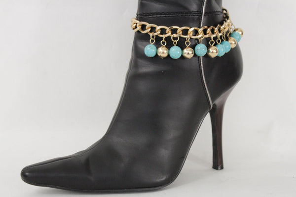 Gold Metal Chains Boot Multi Balls Anklet Shoe Turquoise Blue Women Moroccan Hot Fashion