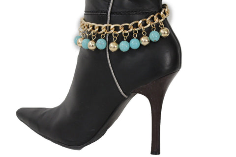 Gold Metal Chains Boot Bracelet High Heels Shoe Charm Anklet Turquoise Blue Balls Women Accessories