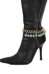 Gold Metal Chains Boot Bracelet High Heels Shoe Charm Anklet Turquoise Blue Balls