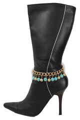 Gold Metal Chains Boot Bracelet High Heels Shoe Charm Anklet Turquoise Blue Balls