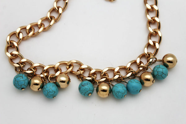 Gold Metal Chains Boot Multi Balls Anklet Shoe Turquoise Blue Women Moroccan Hot Fashion