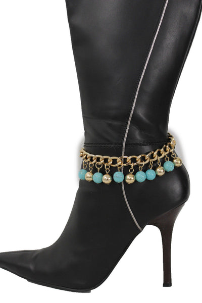 Gold Metal Chains Boot Bracelet High Heels Shoe Charm Anklet Turquoise Blue Balls Women Accessories