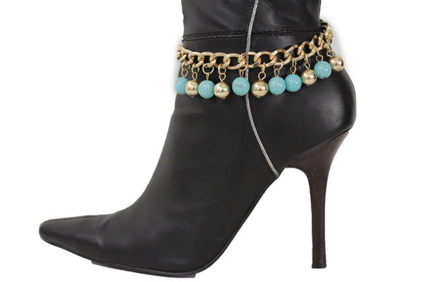 Gold Metal Chains Boot Multi Balls Anklet Shoe Turquoise Blue Women Moroccan Hot Fashion