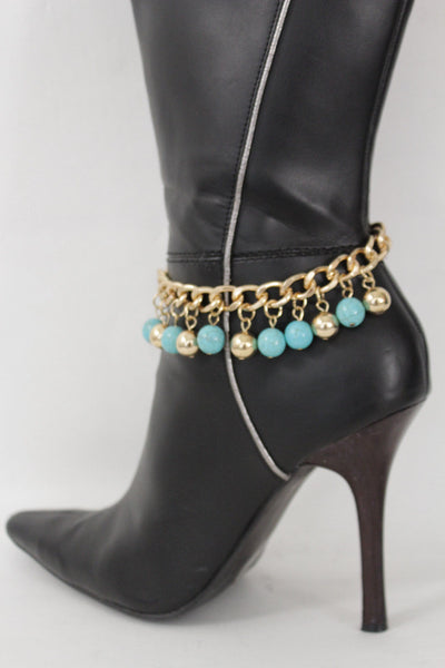 Gold Metal Chains Boot Multi Balls Anklet Shoe Turquoise Blue Women Moroccan Hot Fashion