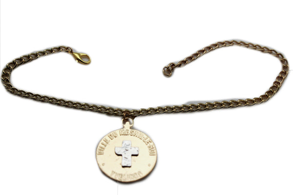 Brand New Women Gold Metal Chain Boot Bracelet Shoe Bling Cross Charm Religious Jewelry