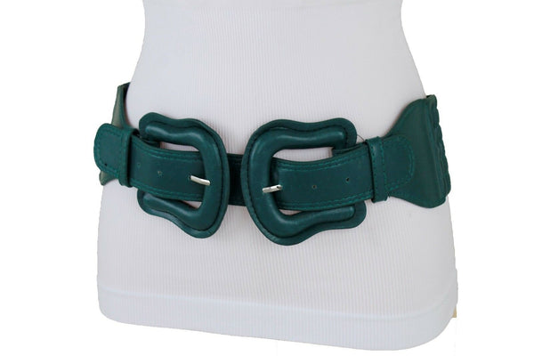 Women Dark Purple Green Red Silver Stretch Belt Eggplant Hip Waist Faux Leather 2 Buckle M L