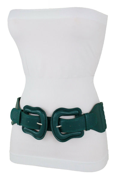 Women Dark Purple Green Red Silver Stretch Belt Eggplant Hip Waist Faux Leather 2 Buckle M L
