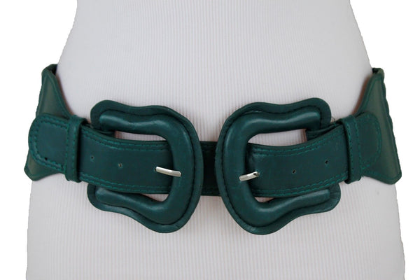 Women Dark Purple Green Red Silver Stretch Belt Eggplant Hip Waist Faux Leather 2 Buckle M L
