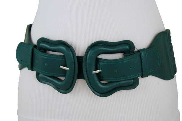 Women Dark Purple Green Red Silver Stretch Belt Eggplant Hip Waist Faux Leather 2 Buckle M L