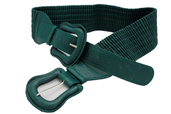 Women Dark Purple Green Red Silver Stretch Belt Eggplant Hip Waist Faux Leather 2 Buckle M L