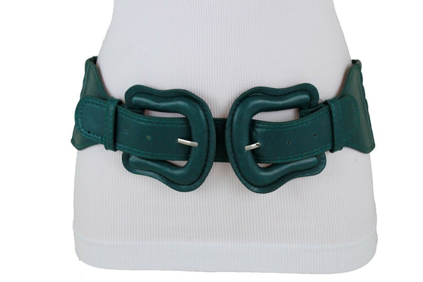Women Dark Purple Green Red Silver Stretch Belt Eggplant Hip Waist Faux Leather 2 Buckle M L