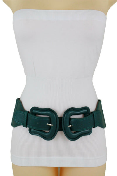 Women Dark Purple Green Red Silver Stretch Belt Eggplant Hip Waist Faux Leather 2 Buckle M L