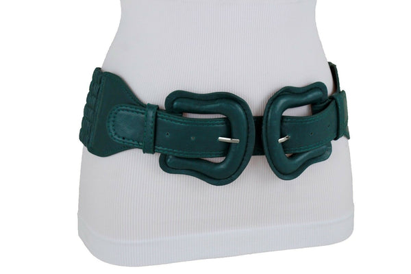 Women Dark Purple Green Red Silver Stretch Belt Eggplant Hip Waist Faux Leather 2 Buckle M L