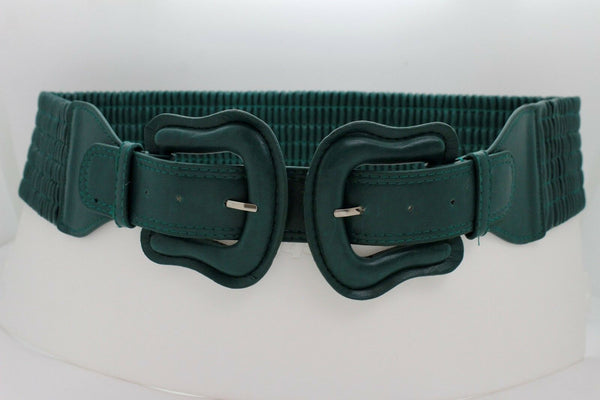 Women Dark Purple Green Red Silver Stretch Belt Eggplant Hip Waist Faux Leather 2 Buckle M L