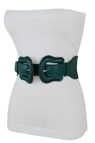 Women Dark Purple Green Red Silver Stretch Belt Eggplant Hip Waist Faux Leather 2 Buckle M L
