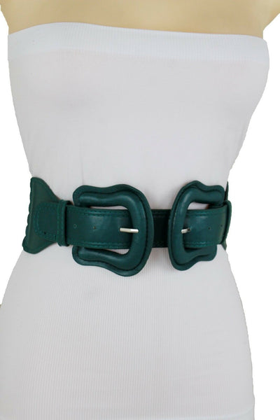 Women Dark Purple Green Red Silver Stretch Belt Eggplant Hip Waist Faux Leather 2 Buckle M L