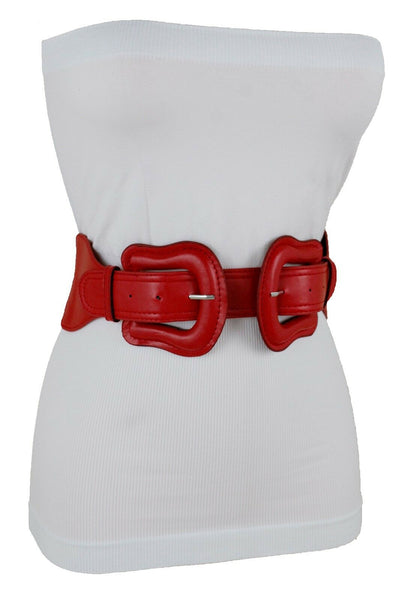 Women Dark Purple Green Red Silver Stretch Belt Eggplant Hip Waist Faux Leather 2 Buckle M L