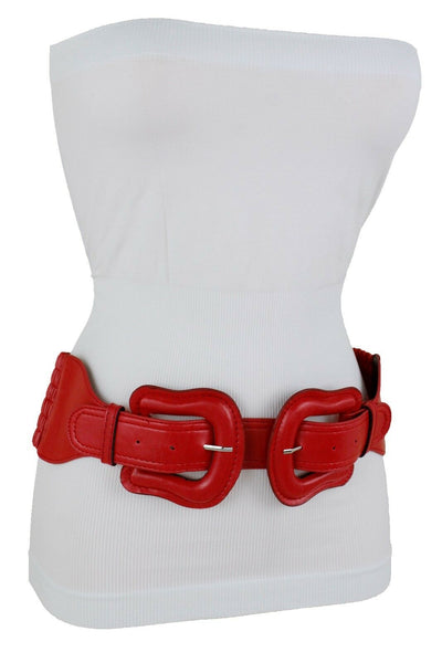 Women Dark Purple Green Red Silver Stretch Belt Eggplant Hip Waist Faux Leather 2 Buckle M L