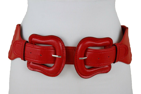 Women Dark Purple Green Red Silver Stretch Belt Eggplant Hip Waist Faux Leather 2 Buckle M L
