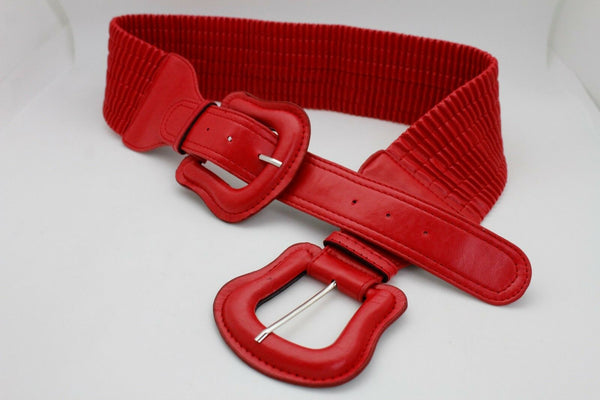 Women Dark Purple Green Red Silver Stretch Belt Eggplant Hip Waist Faux Leather 2 Buckle M L