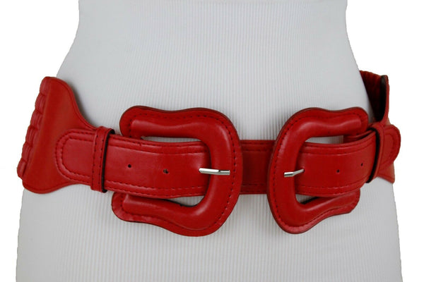 Women Dark Purple Green Red Silver Stretch Belt Eggplant Hip Waist Faux Leather 2 Buckle M L