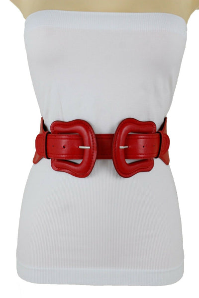 Women Dark Purple Green Red Silver Stretch Belt Eggplant Hip Waist Faux Leather 2 Buckle M L