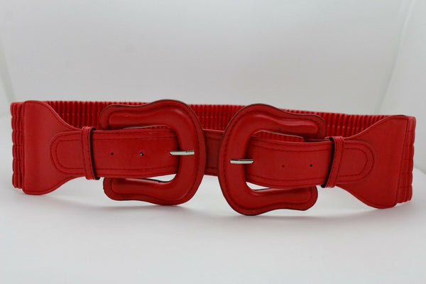 Women Dark Purple Green Red Silver Stretch Belt Eggplant Hip Waist Faux Leather 2 Buckle M L