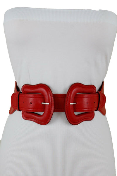 Women Dark Purple Green Red Silver Stretch Belt Eggplant Hip Waist Faux Leather 2 Buckle M L