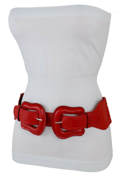 Women Dark Purple Green Red Silver Stretch Belt Eggplant Hip Waist Faux Leather 2 Buckle M L