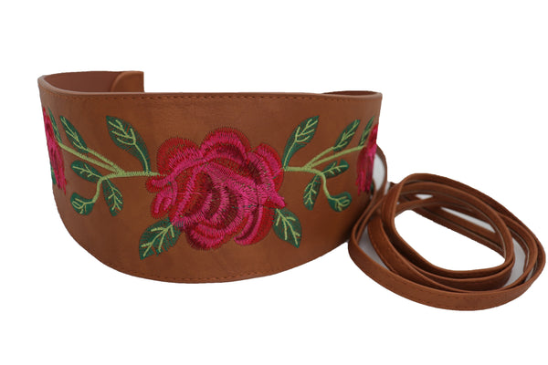 Brand New Women Wide Brown Faux Leather Wrap Asian Fashion Kimono Tie Belt Red Flowers S M