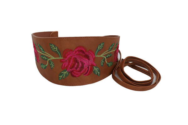Brand New Women Wide Brown Faux Leather Wrap Asian Fashion Kimono Tie Belt Red Flowers S M