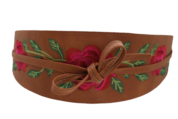 Brand New Women Wide Brown Faux Leather Wrap Asian Fashion Kimono Tie Belt Red Flowers S M