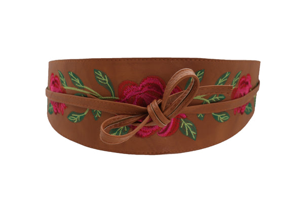 Brand New Women Wide Brown Faux Leather Wrap Asian Fashion Kimono Tie Belt Red Flowers S M