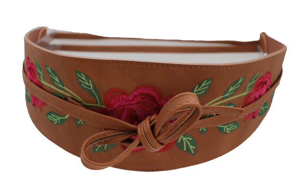 Brand New Women Wide Brown Faux Leather Wrap Asian Fashion Kimono Tie Belt Red Flowers S M
