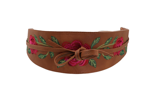 Brand New Women Wide Brown Faux Leather Wrap Asian Fashion Kimono Tie Belt Red Flowers S M